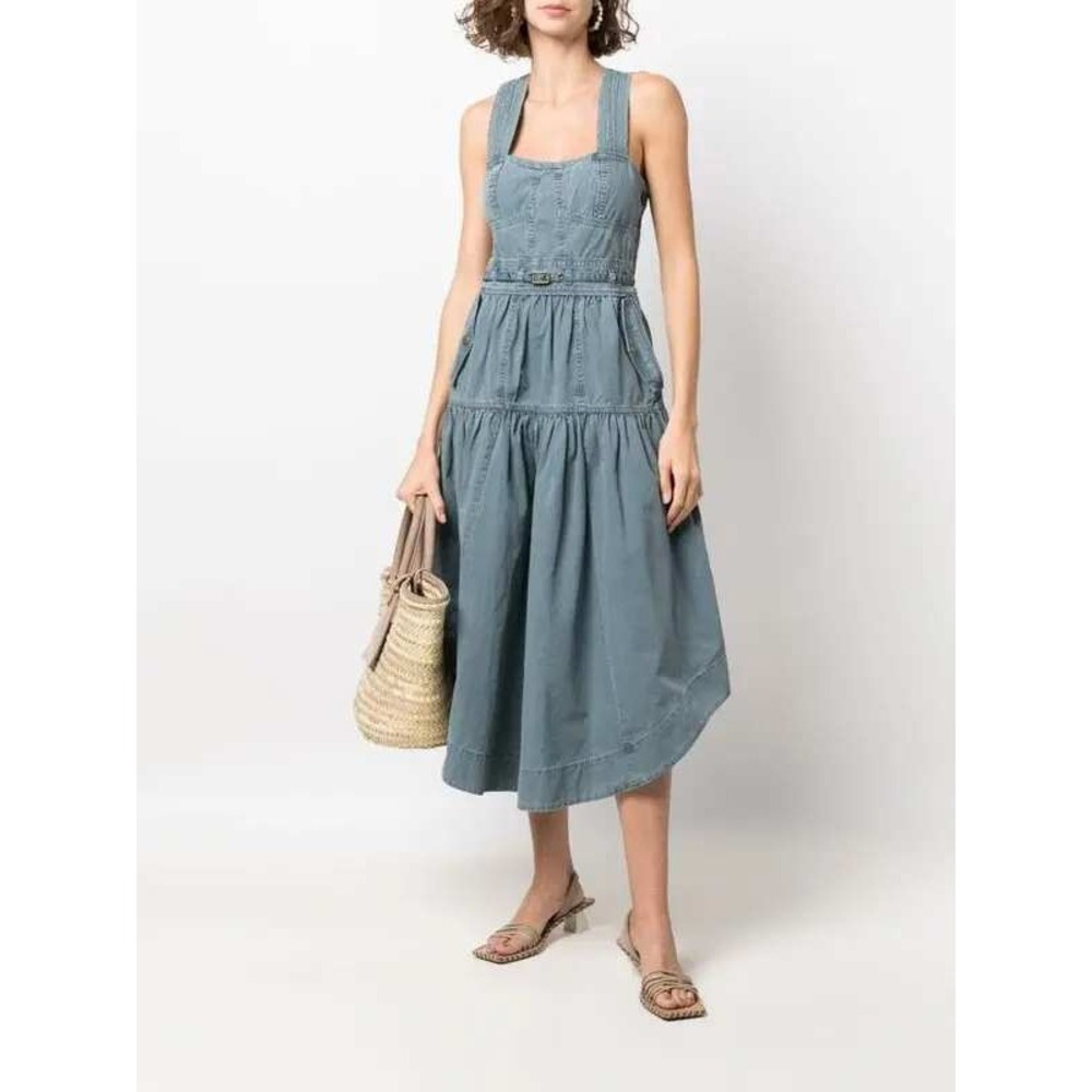 Ulla Johnson Enzo Denim Dress Blue Cotton Tiered Midi Sweetheart Neck Size 4 - Picture 3 of 15